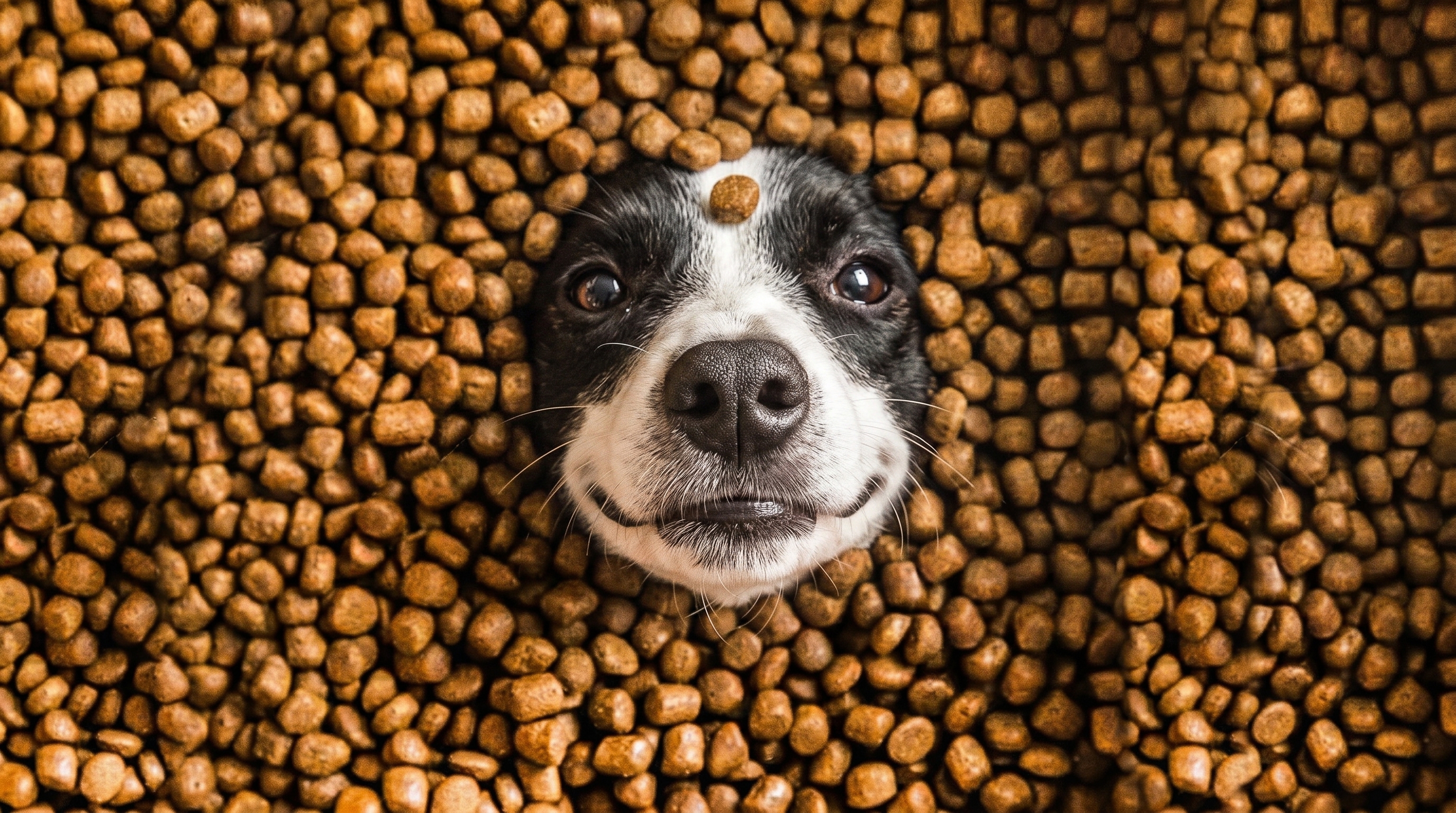 Perro asomando entre alimento balanceado